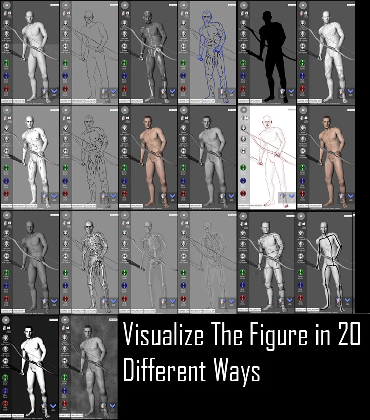 Pose Tool 3D screenshot showing the draw modes applied to a posed figure