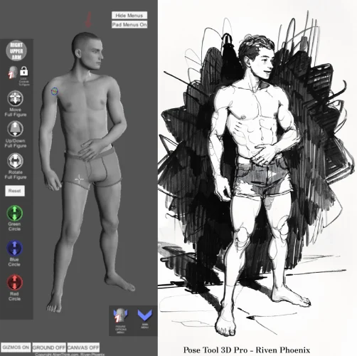 Pose Tool 3D pencil sketch mode displaying a posed figure as drawing lines