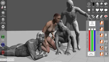Pose Tool 3D — standing figure with visible muscle map overlay